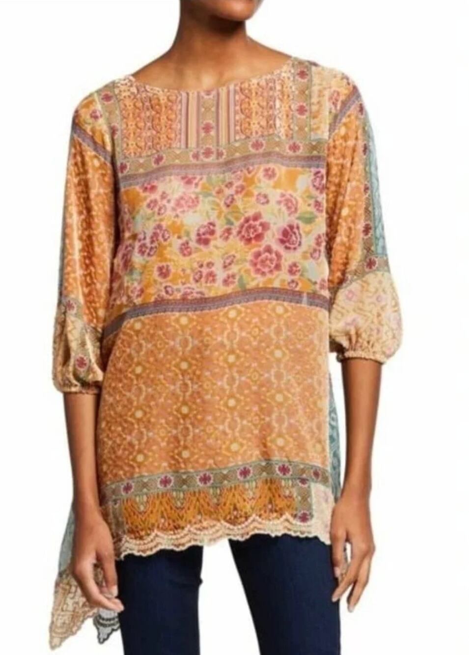 Johnny Was Blouse Large Xenia Floral Velvet Top Patchwork Lace Boho Peasant